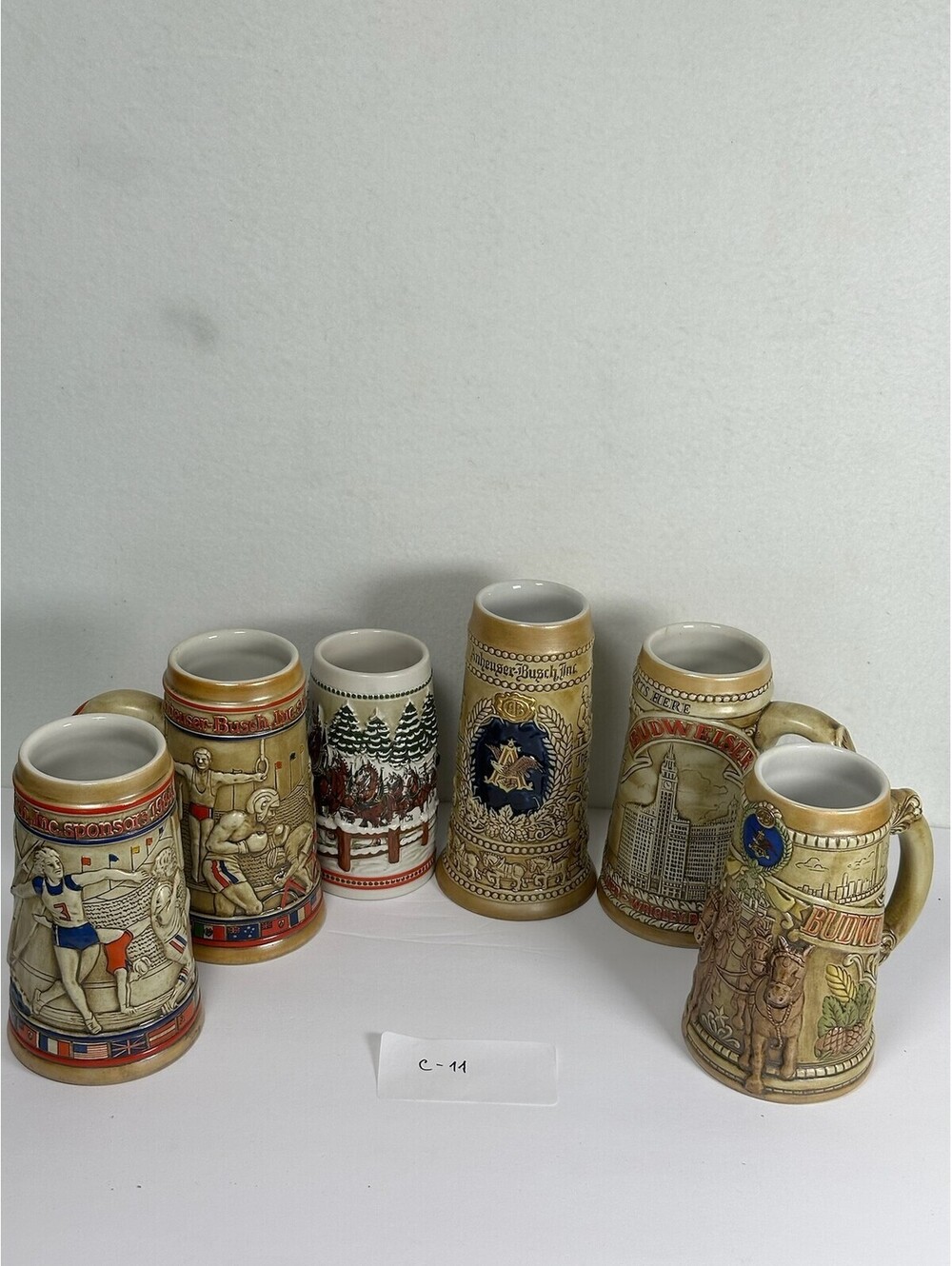 Lot of 6 Vintage Budweiser Beer Steins - Anheuser-Busch Collectibles - C-11